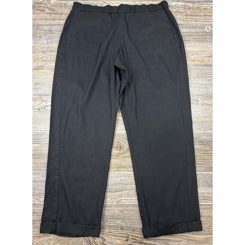 j jill Linen Stretch L Black Cuffed Pants Pockets Pull-On Nautical Beachy Casual
